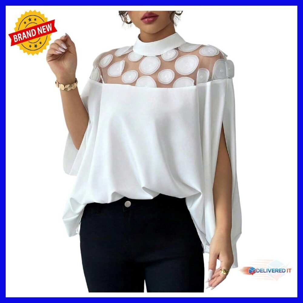 Sheer Mesh 3/4 Sleeve Mock Neck Ruffle Blouse Loose Fit Top